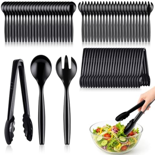 72Pc Plastic Serving Utensils Set Disposable Tong Spoon for Buffet in Black