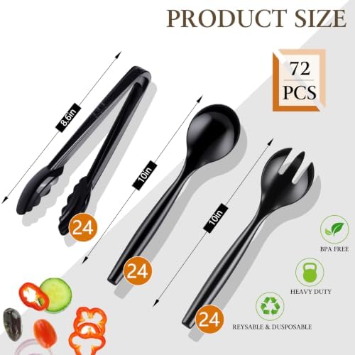 72Pc Plastic Serving Utensils Set Disposable Tong Spoon for Buffet in Black, alternate view 3