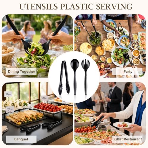 72Pc Plastic Serving Utensils Set Disposable Tong Spoon for Buffet in Black, alternate view 5