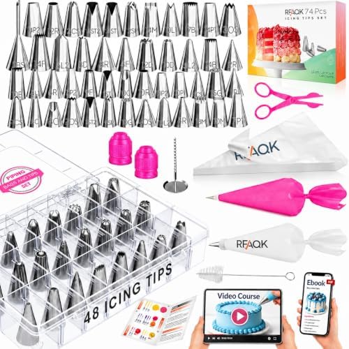 74PCs Icing Piping Bags and Tips Set for Beginners to Decorate Cake in Pink