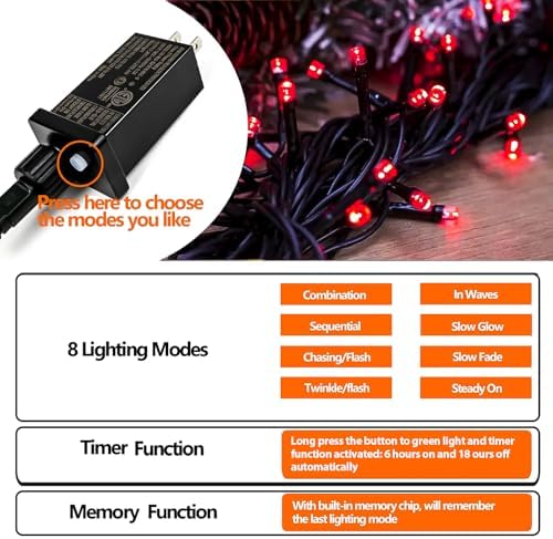 75.8 FT 200 LED Extendable Red Christmas String Lights Indoor Outdoor, alternate view 7