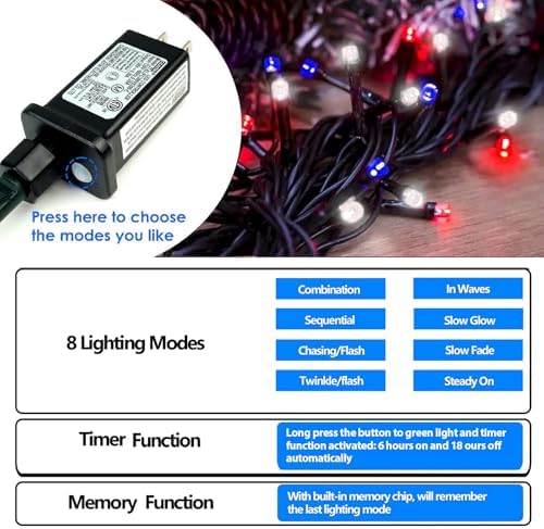 75.8FT 200 LED Red White and Blue Christmas String Lights Indoor Outdoor, alternate view 6