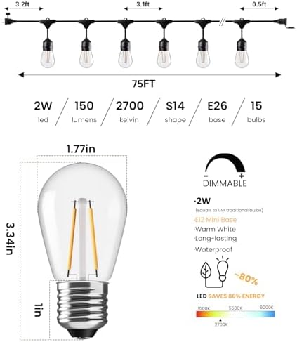 75 FT Outdoor String Lights 2W S14 LED Commercial Grade Waterproof, alternate view 2