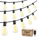 75FT(3x25FT) Outdoor String Lights, Patio Lights with 30+3 LED Dimmable Waterproof Connectable ST38 Bulbs for