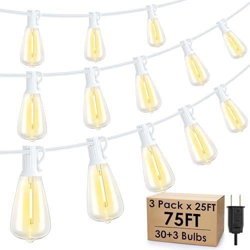 75FT(3x25FT) Outdoor String Lights, Patio Lights with 30+3 LED Dimmable Waterproof Connectable ST38 Bulbs for