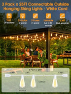 75FT(3x25FT) Outdoor String Lights, Patio Lights with 30+3 LED Dimmable Waterproof Connectable ST38 Bulbs for, alternate view