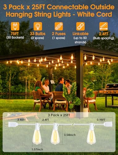 75FT(3x25FT) Outdoor String Lights, Patio Lights with 30+3 LED Dimmable Waterproof Connectable ST38 Bulbs for, alternate view