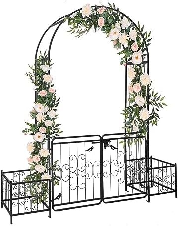 78" x 20" x 86" Metal Garden Arbor Arch, Arc Top with Door & Planter Boxes for Climbing Plants, Patio & Garden