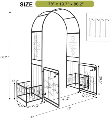 78" x 20" x 86" Metal Garden Arbor Arch, Arc Top with Door & Planter Boxes for Climbing Plants, Patio & Garden, alternate