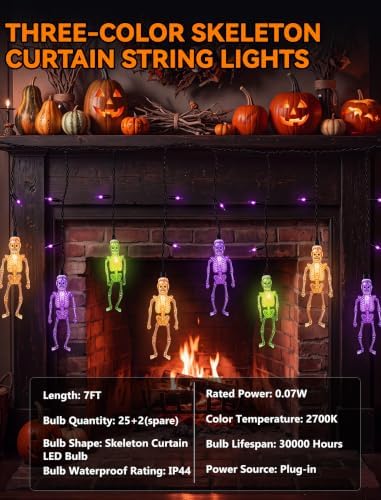 7FT 10 LED Halloween Skull Curtain String Lights, 15 Purple Bulbs, Plug in, alternate view 2