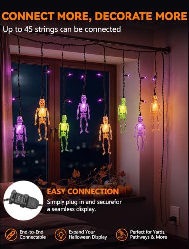 7FT 10 LED Halloween Skull Curtain String Lights, 15 Purple Bulbs, Plug in, alternate view 6