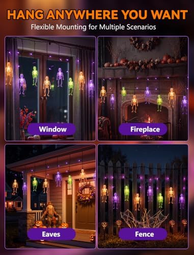 7FT 10 LED Halloween Skull Curtain String Lights, 15 Purple Bulbs, Plug in, alternate view 7