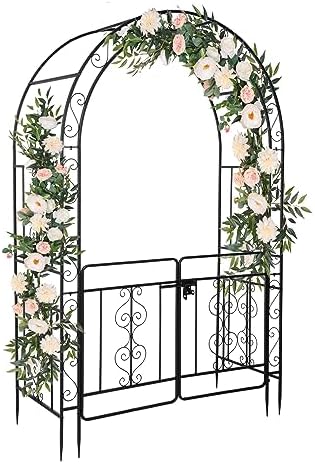 7FT Black Metal Garden Arch Arbor with Gate