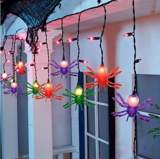 7FT Halloween Spider Curtain Lights, 25 LED Bulbs, Plug in in Multicolor Spider