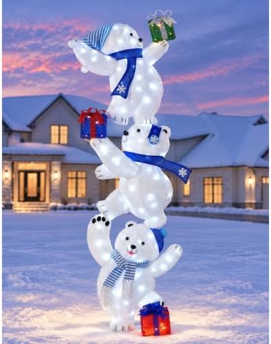 7FT Lighted Stacked Polar Bear Christmas Decor,120 LED Pre‐lit Polar Bear, alternate view 2