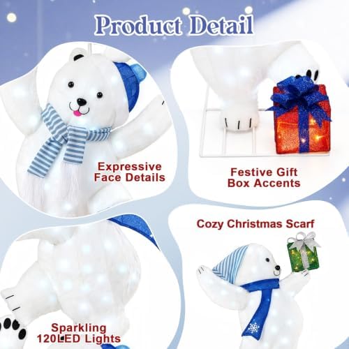 7FT Lighted Stacked Polar Bear Christmas Decor,120 LED Pre‐lit Polar Bear, alternate view 4