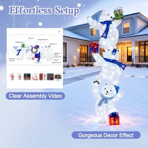 7FT Lighted Stacked Polar Bear Christmas Decor,120 LED Pre‐lit Polar Bear, alternate view 5