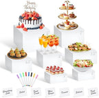 7Pcs White Acrylic Buffet Risers with Mini Sign and Marker, Food Display Risers for Party Catering Dessert