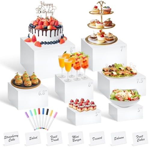 7Pcs White Acrylic Buffet Risers with Mini Sign and Marker, Food Display Risers for Party Catering Dessert