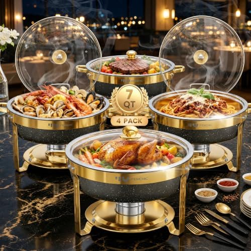 7QT Black Gold Chafing Dishes for Buffet, 4 Pack Maifanite-Coated Chafer in Black