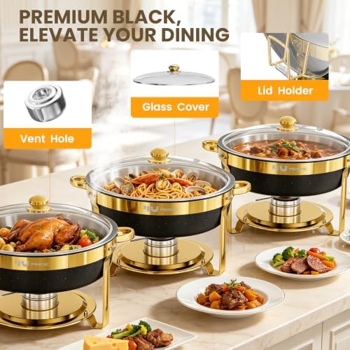 7QT Black Gold Chafing Dishes for Buffet, 4 Pack Maifanite-Coated Chafer in Black, alternate view 6