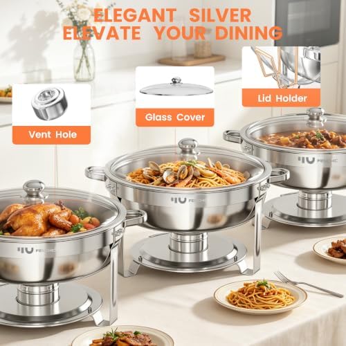 7QT Chafing Dishes for Buffet 2 Pack Silver Round Chafer Set, alternate view 5