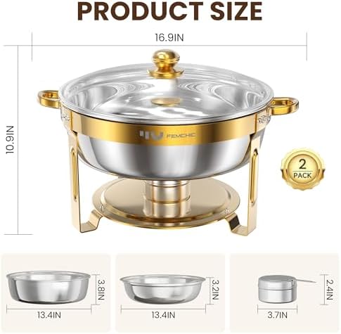 7QT Gold Chafing Dishes for Buffet, 2 Pack Round Chafer Set, alternate view 2