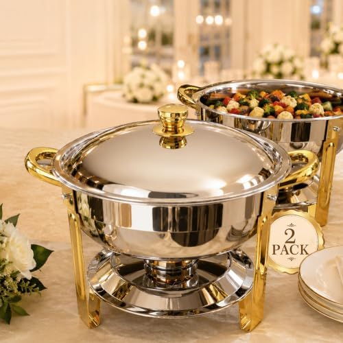 7QT Round Chafing Dishes for Buffet, 2 Pack, Gold Accent