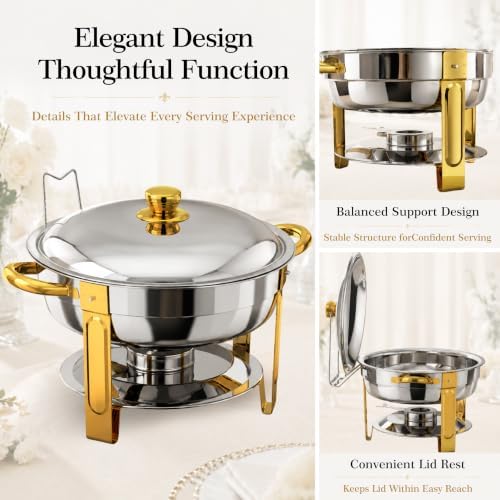 7QT Round Chafing Dishes for Buffet, 2 Pack, Gold Accent, alternate view 2