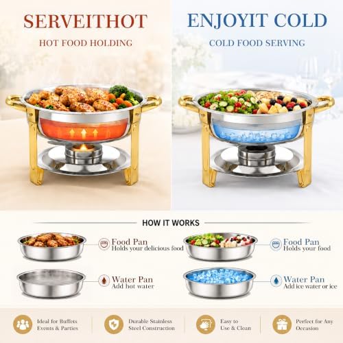 7QT Round Chafing Dishes for Buffet, 2 Pack, Gold Accent, alternate view 3