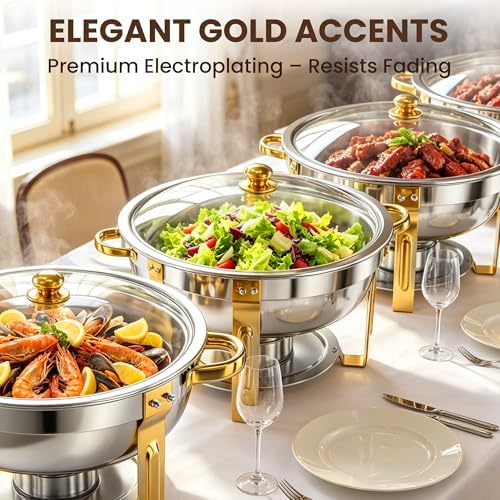 7QT Round Chafing Dishes for Buffet, 2 Pack Gold Chafer Set, alternate view 2