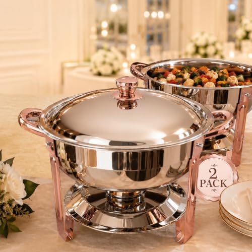 7QT Round Chafing Dishes for Buffet, 2 Pack, Rose Gold Accent