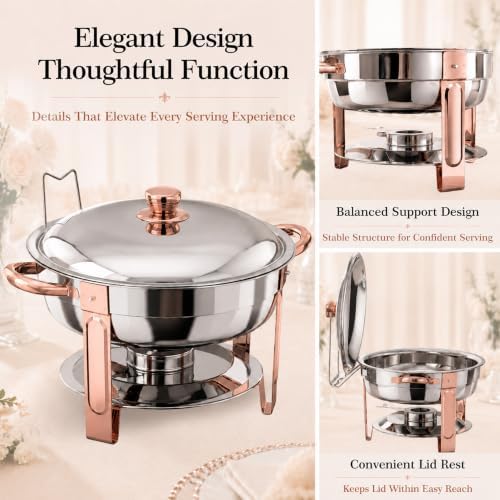 7QT Round Chafing Dishes for Buffet, 2 Pack, Rose Gold Accent, alternate view 2