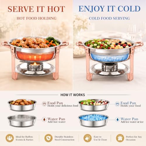 7QT Round Chafing Dishes for Buffet, 2 Pack, Rose Gold Accent, alternate view 3
