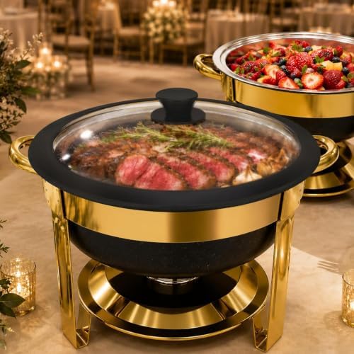7QT Round Chafing Dishes Set of 2, Black Granite Finish Stainless Steel with Transparent Lids Elegant Buffet