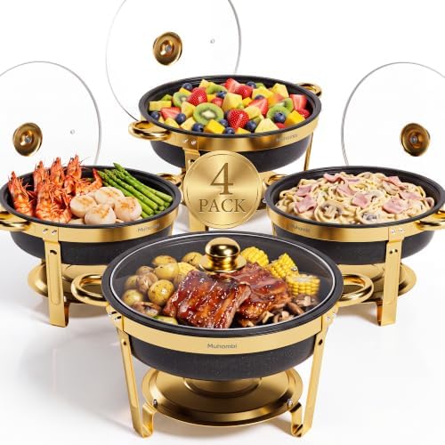 7QT Round Chafing Dishes Set of 4, Black Granite Finish Stainless Steel with Transparent Lids Elegant Buffet