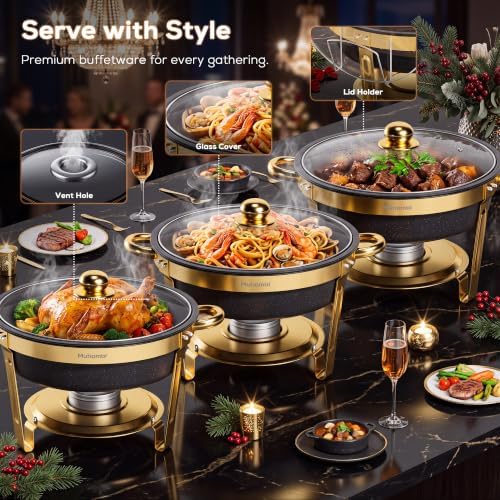 7QT Round Chafing Dishes Set of 4, Black Granite Finish Stainless Steel with Transparent Lids Elegant Buffet, alternate view
