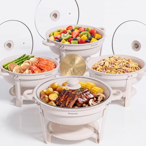 7QT Round Chafing Dishes Set of 4, White Granite Finish Stainless Steel with Transparent Lids Elegant Buffet