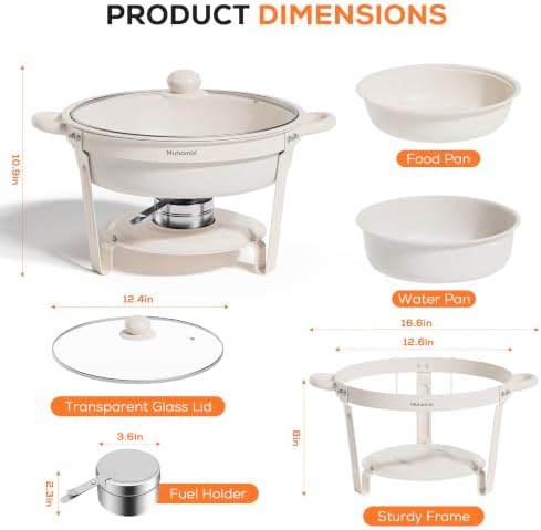 7QT Round Chafing Dishes Set of 4, White Granite Finish Stainless Steel with Transparent Lids Elegant Buffet, alternate view