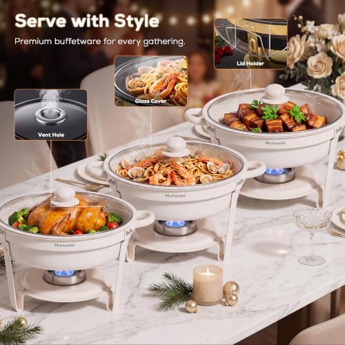 7QT Round Chafing Dishes Set of 4, White Granite Finish Stainless Steel with Transparent Lids Elegant Buffet, alternate view