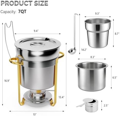7QT Soup Chafer for Buffet 2 Pack,100% Pre-Installed Stainless Steel Round Soup Warmer with Upgraded Lid Holder, alternate