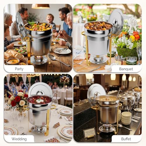 7QT Soup Chafer for Buffet 2 Pack,100% Pre-Installed Stainless Steel Round Soup Warmer with Upgraded Lid Holder, alternate