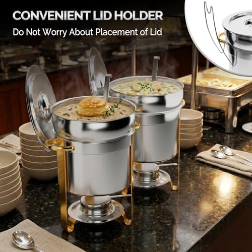 7QT Soup Chafer for Buffet 2 Pack,100% Pre-Installed Stainless Steel Round Soup Warmer with Upgraded Lid Holder, alternate