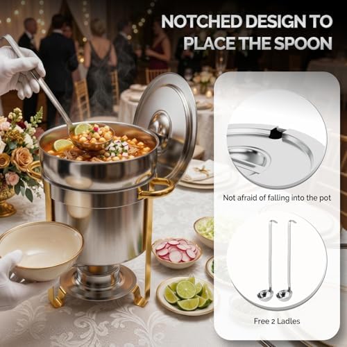 7QT Soup Chafer for Buffet 2 Pack,100% Pre-Installed Stainless Steel Round Soup Warmer with Upgraded Lid Holder, alternate