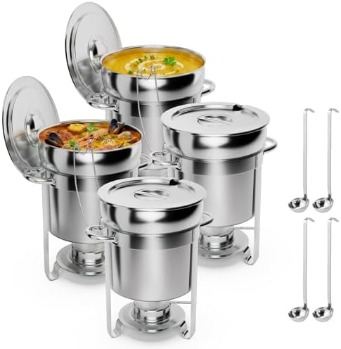 7QT Soup Chafer for Buffet 4 Pack,100% Pre-Installed Stainless Steel Soup Warmer with Upgraded Lid Holder &