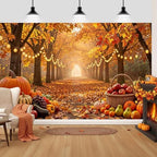 7X5ft Autumn Harvest Backdrop, Fall Forest Lane with Maple Leaves, Pumpkins String Lights Thanksgiving Party