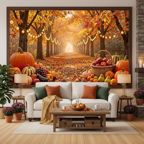 7X5ft Autumn Harvest Backdrop, Fall Forest Lane with Maple Leaves, Pumpkins String Lights Thanksgiving Party, alternate view