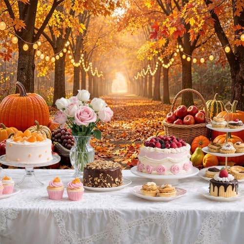 7X5ft Autumn Harvest Backdrop, Fall Forest Lane with Maple Leaves, Pumpkins String Lights Thanksgiving Party, alternate view