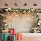 7x5ft Country Wedding Photography Backdrop Floral Rustic Roses Farmhouse Wooden Door Backdrop Pink Flower, alternate view 3