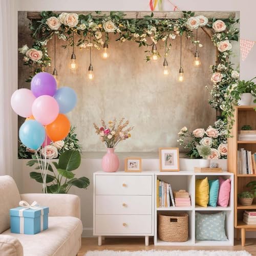 7x5ft Country Wedding Photography Backdrop Floral Rustic Roses Farmhouse Wooden Door Backdrop Pink Flower, alternate view 4